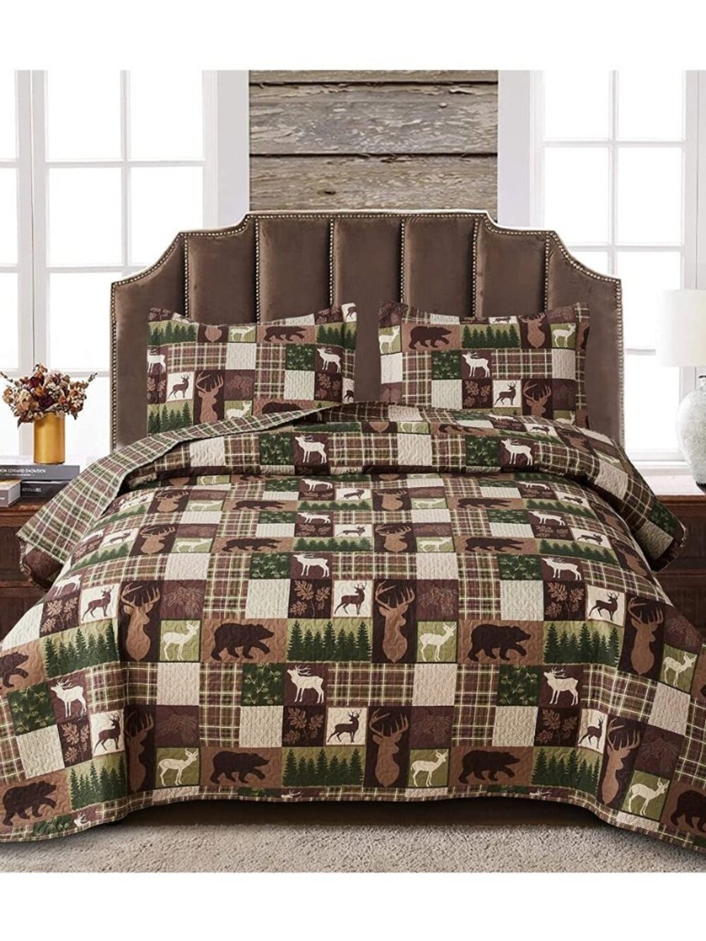 Reversible Lodge Plaid Bedding Moose Bear Quilt Full/Queen Size Rustic Bedspread